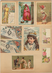 Trade cards depicting women, flowers, Asians, Little Red Riding Hood, a butterfly, a mirror and boys squirting a sleeping man with water