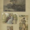 Cards depicting courtship, flowers, a girl eating honey and a scenic view of a river and palaces