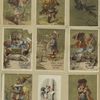 Trade cards depicting a bagpipe player, clowns, maids, dancers, crabs, eating, a child shaving and a figure riding a dragonfly