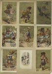Trade cards depicting a bagpipe player, clowns, maids, dancers, crabs, eating, a child shaving and a figure riding a dragonfly