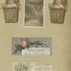 Trade cards depicting flowers, a woman, birds in the snow and infants in a wicker basket.