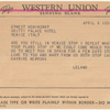 Wired cable telegram from Leland Hayward to Ernest Hemingway