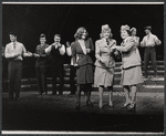 John Travolta, William Newman, Douglass Watson, Janie Sell, Patty Andrews, Maxene Andrews, April Shawhan and John Mineo in the stage production Over Here!
