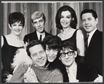 Elmarie Wendel, William Hickey, Carmen Alvarez, Harold Lang, Kaye Ballard and unidentified in publicity pose for the Off-Broadway revue The Decline and Fall of the Entire World as Seen Through the Eyes of Cole Porter revisited