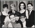 Elmarie Wendel, William Hickey, Carmen Alvarez, Harold Lang, Kaye Ballard and unidentified in publicity photo for the Off-Broadway revue The Decline and Fall of the Entire World as Seen Through the Eyes of Cole Porter revisited