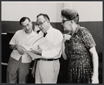 Cy Feuer [center] and unidentified others in rehearsal for the stage production Skyscraper