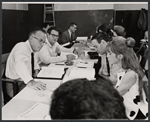 Cy Feuer [left], Julie Harris, Victor Spinetti and unidentified others in rehearsal for the stage production Skyscraper