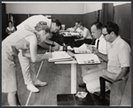 Julie Harris, Cy Feuer [right] and unidentified others in rehearsal for the stage production Skyscraper