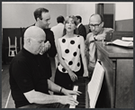 James Van Heusen, Julie Harris, lyricist Sammy Cahn and unidentified [second from left] in rehearsal for the stage production Skycraper