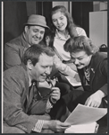 Burgess Meredith, Zero Mostel, Anne Meara and Marjorie Barkentin in rehearsal for the 1958 Off-Broadway production of Ulysses in Nighttown