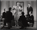 David Doyle [kneeling], Bert Lahr [standing center] and Larry Hagman [far right standing] and unidentified others in the stage production The Beauty Part