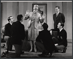 David Doyle [kneeling], Bert Lahr [standing center], Larry Hagman [far right standing] and unidentified others in the stage production The Beauty Part