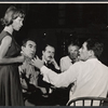 Unidentified actress, Anthony Quinn, producer David Merrick, Laurence Olivier, and director Peter Glenville during rehearsal for the stage production Becket