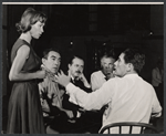 Unidentified actress, Anthony Quinn, producer David Merrick, Laurence Olivier, and director Peter Glenville during rehearsal for the stage production Becket