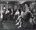 Robert Preston, unidentified actor, Franklin Kiser, Jacqueline Mayro, director/choreographer Michael Kidd, and Ulla Sallert during rehearsal for the stage production Ben Franklin in Paris