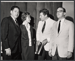 Ulla Sallert and Robert Preston (center) with unidentified men during rehearsal for the stage production Ben Franklin in Paris