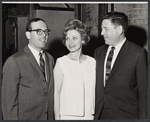 Ulla Sallert and unidentified men during rehearsal for the stage production Ben Franklin in Paris