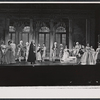Robert Preston (center), Ulla Sallert (right), and ensemble in the stage production Ben Franklin in Paris