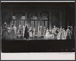 Robert Preston (center), Ulla Sallert (right), and ensemble in the stage production Ben Franklin in Paris