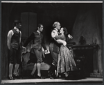 Franklin Kiser, unidentified actor, Robert Preston, and Susan Watson in the stage production Ben Franklin in Paris