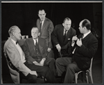 Hugh Franklin, Melvyn Douglas, Karl Weber, Lee Tracy, and Graham Jarvis during rehearsal for the stage production The Best Man