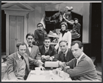 Anthony Holland, Paul Benedict, J.J. Barry, Peter Bonerz, Cynthia Harris, Bob Balaban, Andrew Duncan and Paul Dooley in the stage production The White House Murder Case