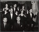 Donna Sanders [back row left], Philip Bruns [back row center], Ceil Cabot [back row right], Steve Roland [middle row left], Mary Louise Wilson [middle row center], Rex Robbins [middle row right], Frank Wagner [front row right] and unidentified [front row left] in the stage production Seven Come Eleven