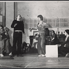 Christopher Murney [left wearing overalls], Rene Auberjonois [center wearing overalls] and unidentified others in rehearsal for the stage production Tricks