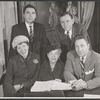 Theresa Helburn [center], Tom Ewell [right back], Peter DeVries [right front] and unidentified others in rehearsal for the stage production Tunnel of Love