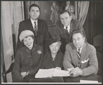 Theresa Helburn [center], Tom Ewell [right back], Peter DeVries [right front] and unidentified others in rehearsal for the stage production Tunnel of Love