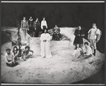 Richard Ramos [left foreground], Randy Kim [left foreground], Jaime Sanchez [left foreground], Christopher Allport [standing background], Jeffrey Jones [standing background], Christopher Walken [standing background], Sam Waterston [center], Carol Kane [sitting foreground], Mark Metcalf [sitting foreground], Tom Atkins [standing at far right] and unidentified others in the 1974 Lincoln Center production of The Tempest