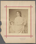 Calliope, the goddess of epic poetry, wears a gold diadem in her hair, and holds a partially unrolled manuscript in her hand, upon which are inscribed the opening lines of The Iliad. In her left hand is an ivory trumpet