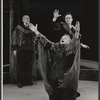 Raymond Massey [left], Christopher Plummer [background with one hand up] and unidentified [with arms up] in the stage production J.B.