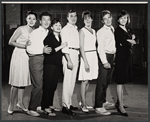 Kathryn Hays, Eddie Bracken, Lee Lawson, John Stewart, Betty Lester, Sean Garrison and Lovelady Powell in publicity pose for the stage production Hot September