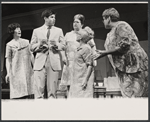 Lucie Lancaster, Tony Roberts, Fran Stevens [background], Sally DeMay and Charlotte Jones in the stage production How Now Dow Jones