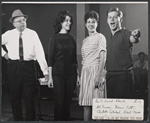 Abe Burrows, Bonnie Scott, Claudette Sutherland and Robert Morse in rehearsal for the stage production How to Succeed in Business Without Really Trying