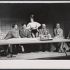 Rudy Vallee, Virginia Martin, Paul Reed [center] and ensemble in the stage production How to Succeed in Business Without Really Trying