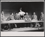 Rudy Vallee, Virginia Martin, Paul Reed [center] and ensemble in the stage production How to Succeed in Business Without Really Trying