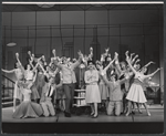 Charles Nelson Reilly, Claudette Scott [center] and ensemble in the stage production How to Succeed in Business Without Really Trying