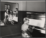 Grover Dale, Tommy Steele, Will MacKenzie, and unidentified pianist in rehearsal for the stage production Half a Sixpence