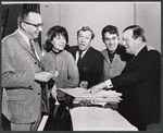Unidentified man, Betty Comden, Adolph Green, unidentified man, and Jule Styne in rehearsal for the stage production Hallelujah, Baby!