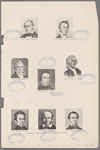 President Swain and the faculty of 1844. [Center and then clockwise from top left:] Hon David L. Swain. Prof. Elisha Mitchell. Prof. Charles M.F. Deems. Prof. William M. Green. Prof. Manuel Fetter.  Prof. Ralph H. Graves.  Prof. J. De B. Hooper. Prof. James Phillips