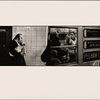 Man Eating in Profile with Newspaper, Word 'Advertising' on Door: Pelham Express Through Window - Black Woman in Fur Coat