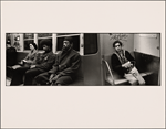 Black Man in Overcoat Looks at Camera, Two Passengers beside him Dream Away: Alarmed Young Hispanic Man in Black Jacket in Corner Seat Looks at Camera