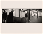 Old Man Leans Forward, Another Passes By on Platform: 4 Figures Walking in Subway Passageways