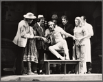 Jim Dale (center), Connie Forslund (right), and other in the stage production Scapino