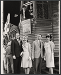 Morocco, Steve Roland, Karen Morrow, Richard Kiley, Luba Lisa, in window: Buddy Hackett and Ted Thurston in the stage production I Had a Ball