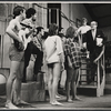 Scott Glenn [with guitar], Michael Hadge, Kenneth Carr, Donna Baccala [back to camera], Jane Elliot [in plaid shirt], Bert Convy [taller boy partly hidden], Jeff Siggins [wearing glasses], Neva Small and Alan King in the stage production The Impossible Years