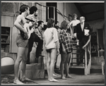 Scott Glenn [with guitar], Michael Hadge, Kenneth Carr, Donna Baccala [back to camera], Jane Elliot [in plaid shirt], Bert Convy [taller boy partly hidden], Jeff Siggins [wearing glasses], Neva Small and Alan King in the stage production The Impossible Years