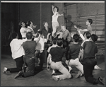 Keith Michell, Elizabeth Seal, Arik Lavie [center] and ensemble in rehearsal for the stage production Irma La Douce